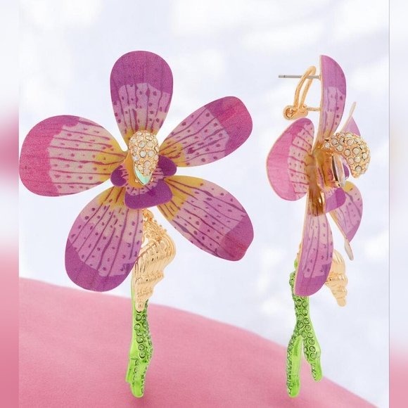 NEW Betsey Johnson Mermaid Jewels Orchid Coral Statement Earrings 3" Long Drop - Picture 5 of 5